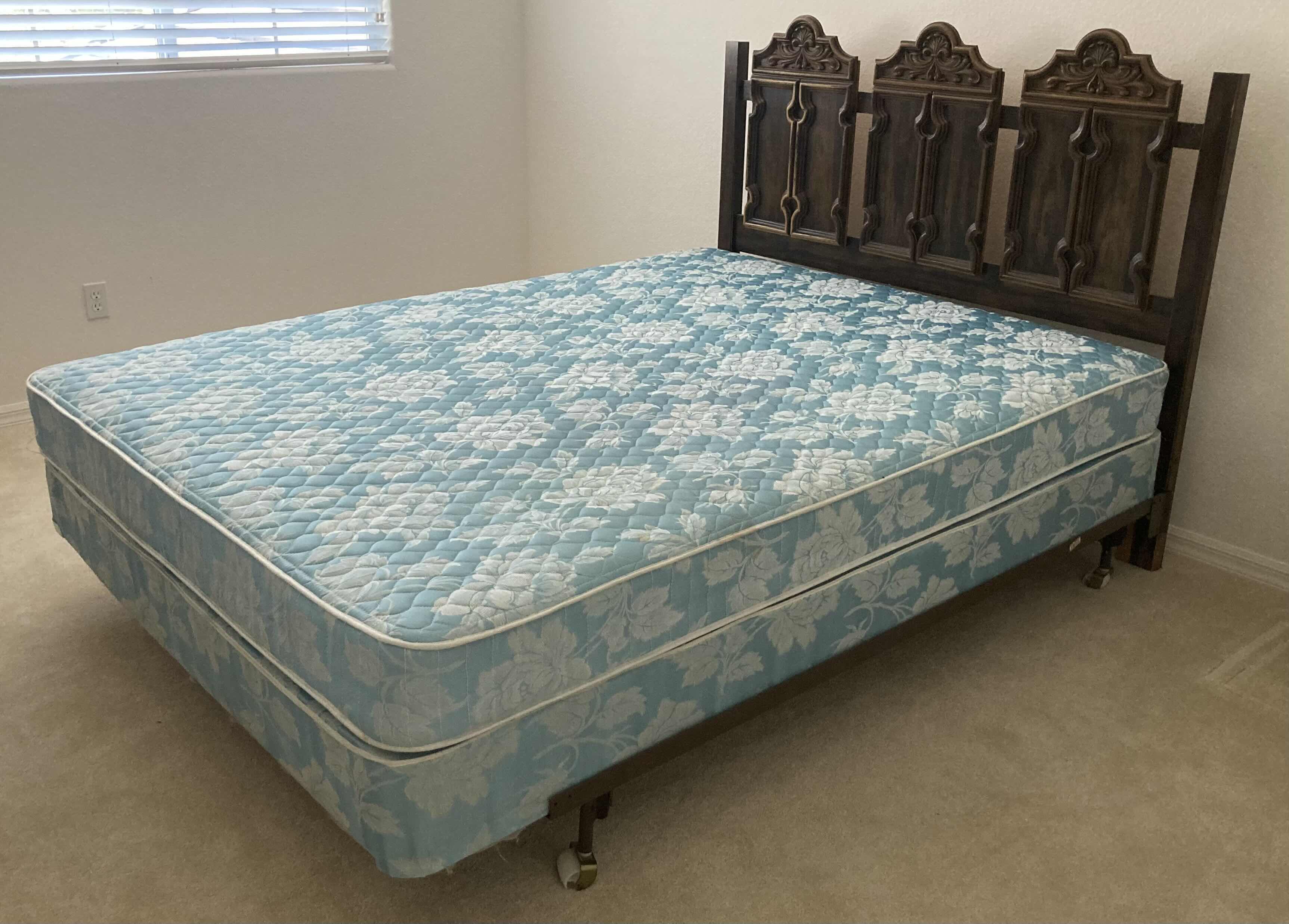 Photo 1 of MID CENTURY WOOD BACK BOARD W SEALY BLUE FLORAL QUEEN MATTRESS , BOX SPRING & BED RAILING 81.5” X 60.5” H50”