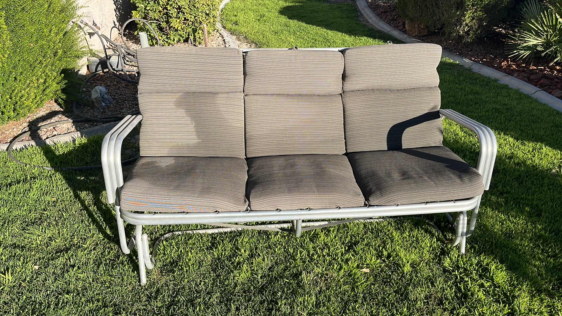 Photo 2 of TARGET HOME ROCKING ALUMINUM FRAME PATIO BENCH W 2 THROW PILLOWS 68.5” X 35” H33”