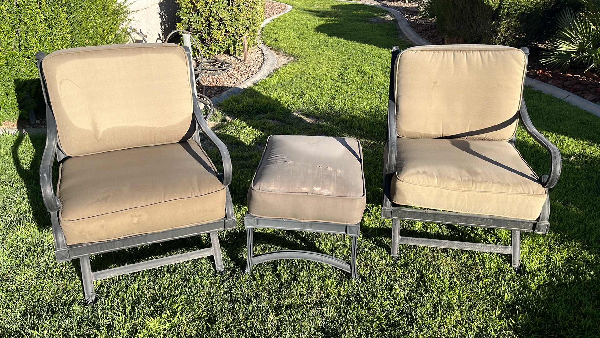 Photo 1 of BLACK FINISH ALUMINIUM FRAME PATIO CHAIRS (2) 27” X 27” H33” W OTTOMAN