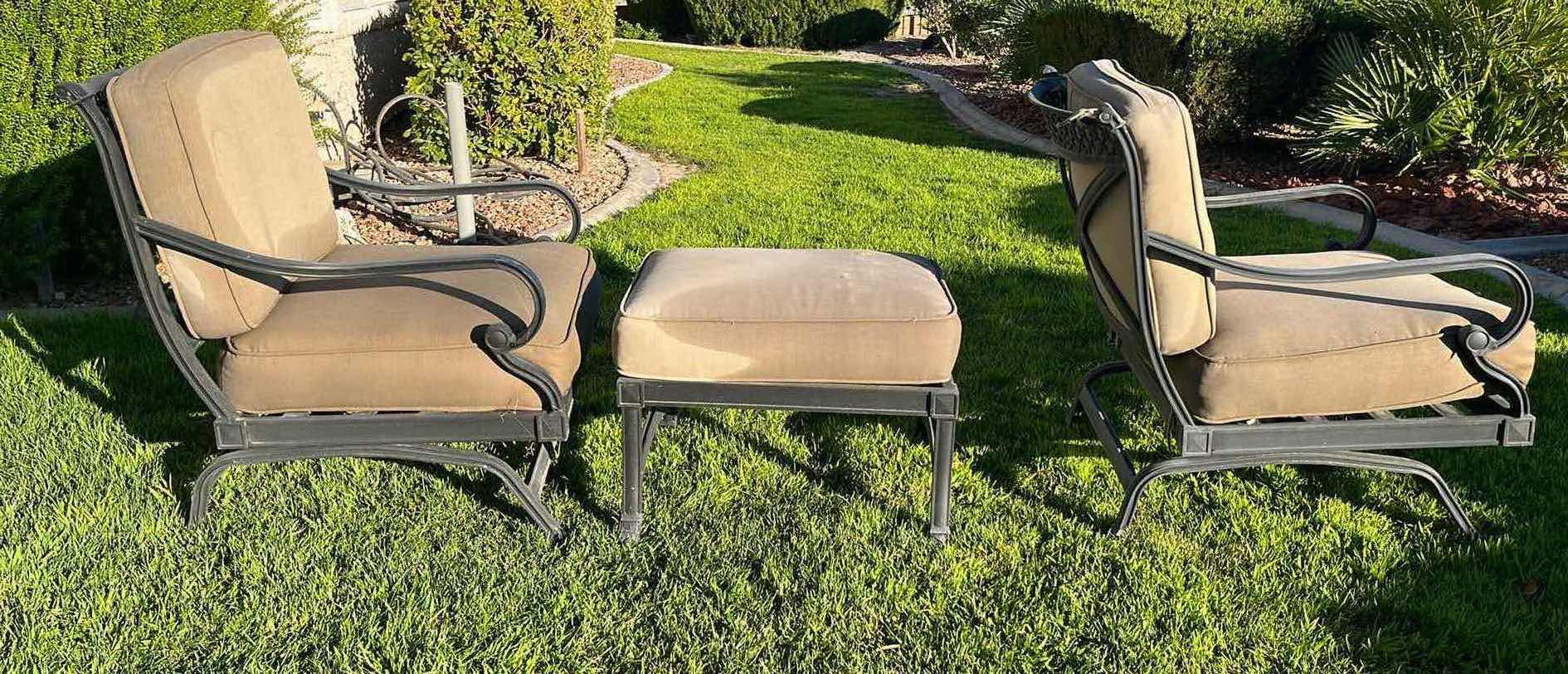 Photo 2 of BLACK FINISH ALUMINIUM FRAME PATIO CHAIRS (2) 27” X 27” H33” W OTTOMAN