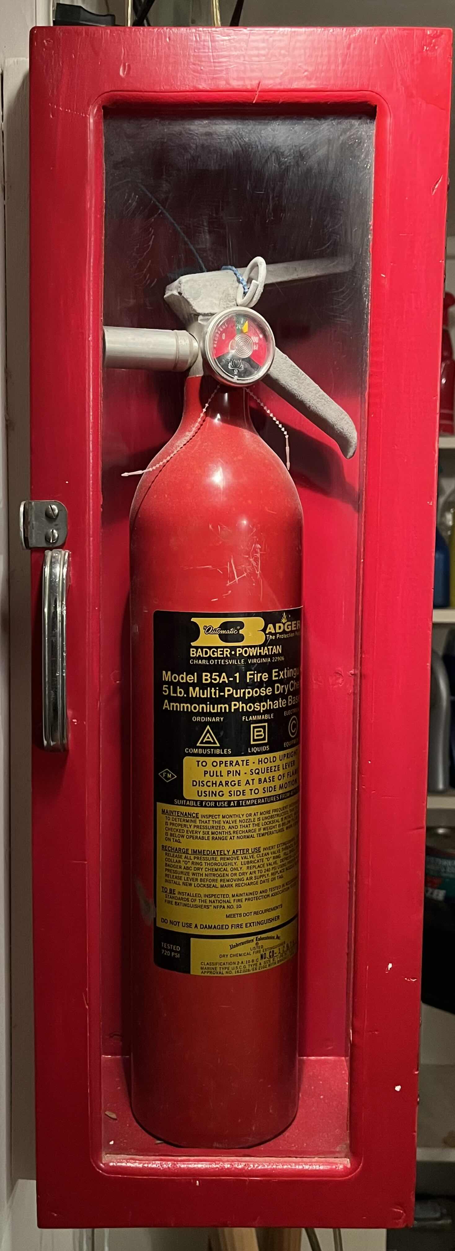 Photo 1 of BADGER POWHATAN FIRE EXTINGUISHER MODEL B5A-1 W CUSTOM MADE RED FINISH WOOD FIRE EXTINGUISHER CASE