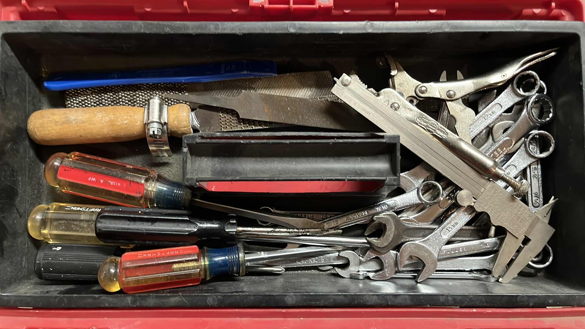 Photo 2 of PLANO PLASTIC TOOL BOX W VINTAGE VARIOUS PURPOSE TOOL SET