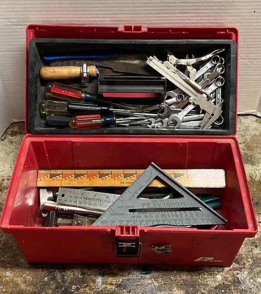 Photo 1 of PLANO PLASTIC TOOL BOX W VINTAGE VARIOUS PURPOSE TOOL SET