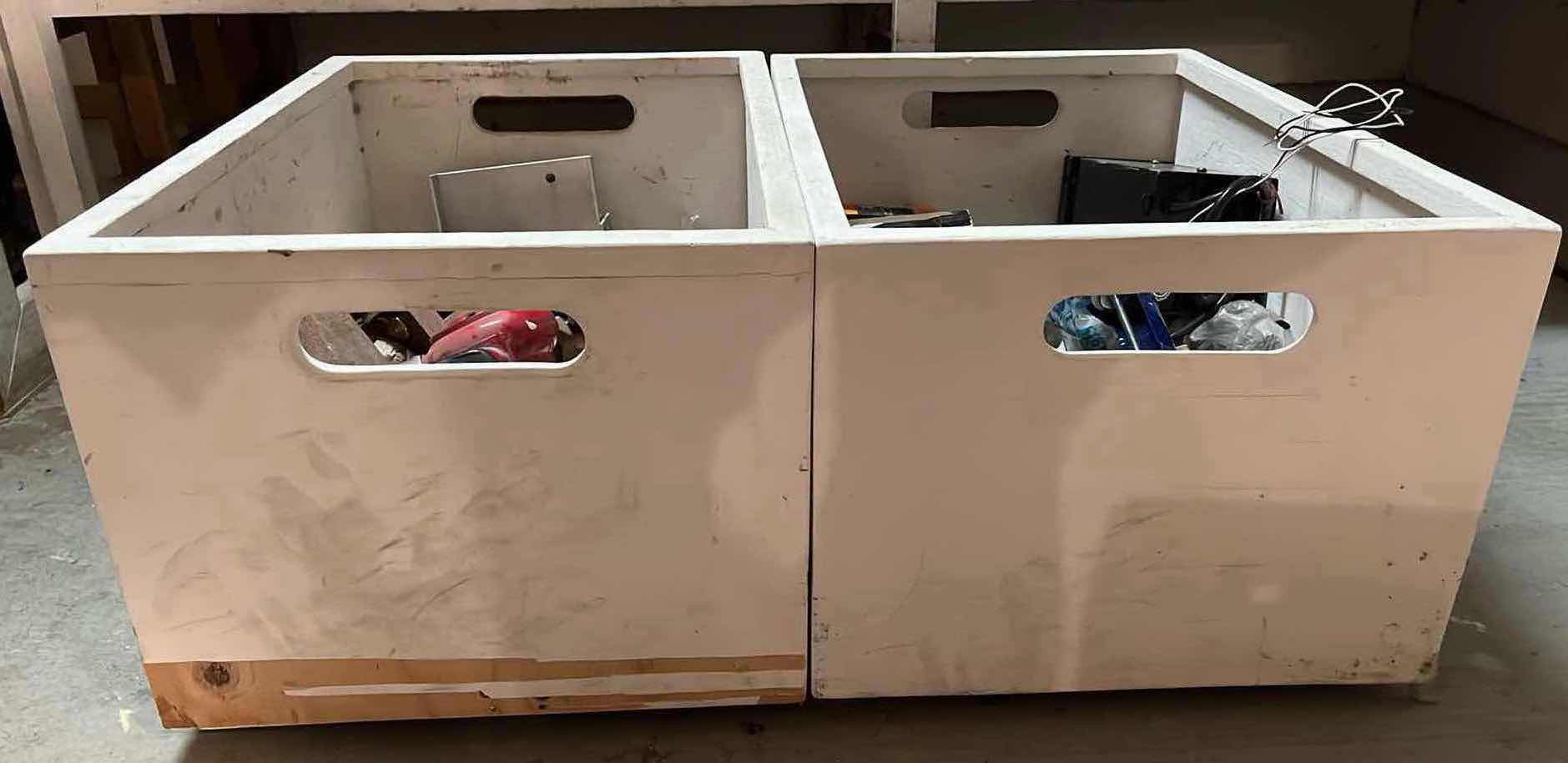 Photo 4 of CUSTOM MADE WHITE FINISH WORK SHOP ROLLING CRATES (2) W CONTENTS INCLUDED 16.5” X 23.5” H14”