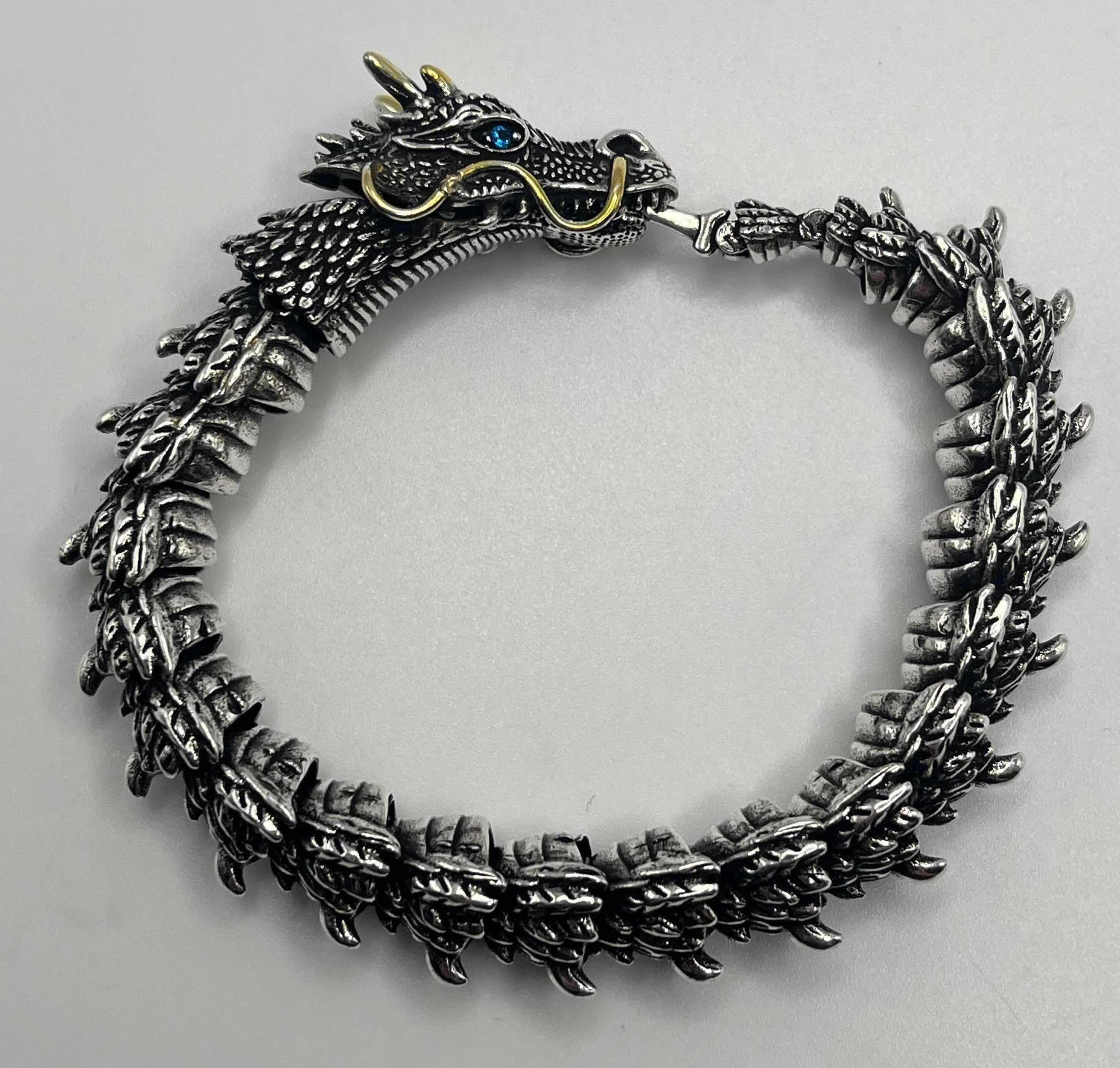 Photo 1 of DRAGON SILVER & GOLD FINISH BRACELET SIZE 8.5” W AGED WOOD STYLE BOX