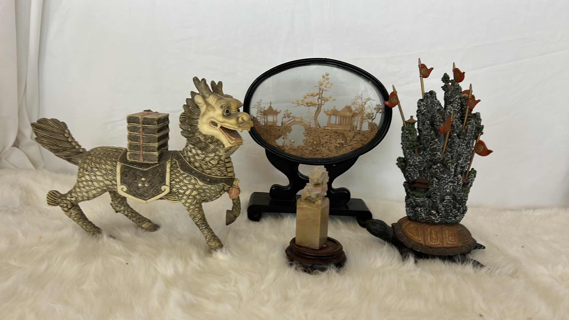 Photo 11 of 4 PC - ASIAN DECOR - VINTAGE DIORAMA 9.5", FOO DOG STATUE AND MORE