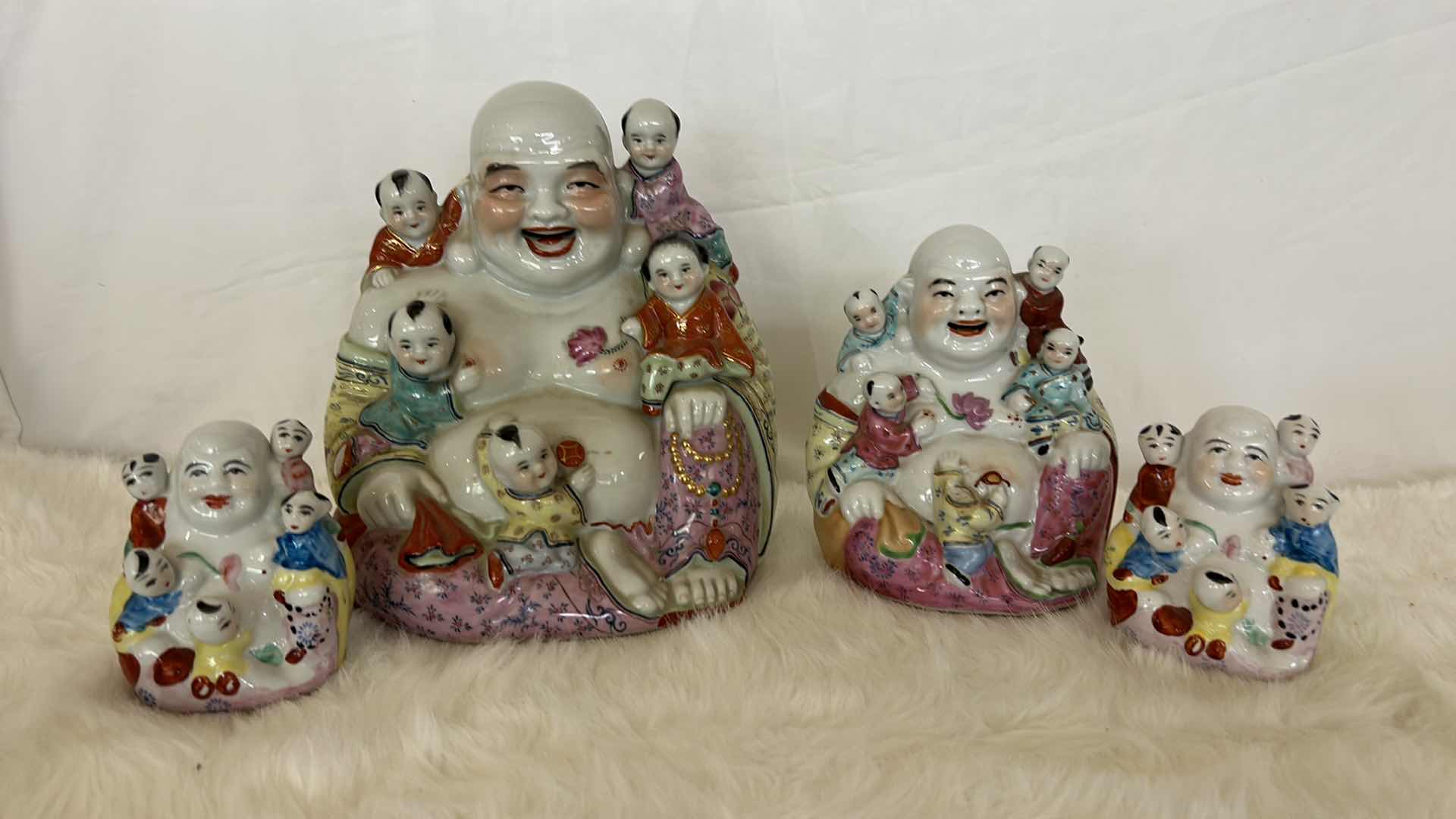 Photo 6 of 4 PORCELAIN LAUGHING BUDDHAS TALLEST 10”