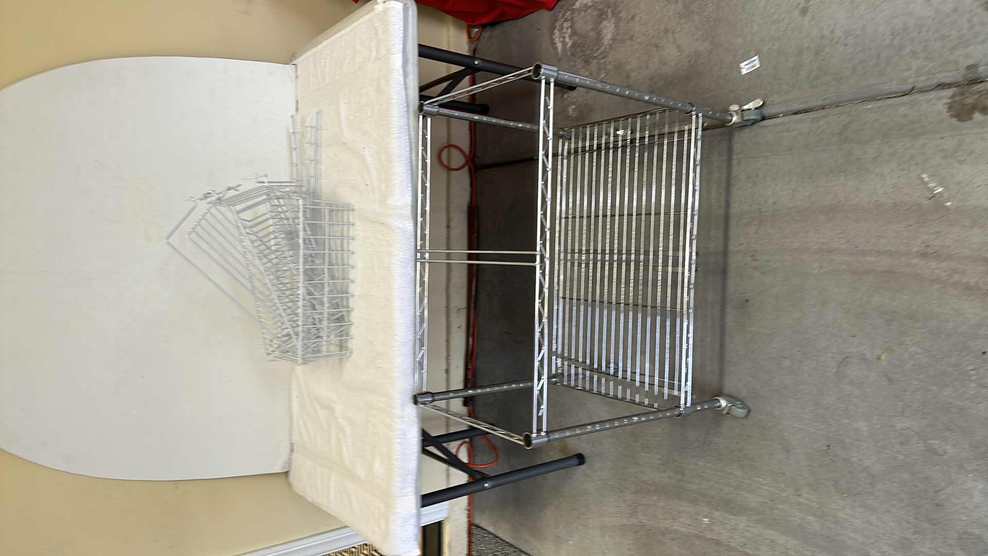 Photo 1 of METAL HANGING SHELVING UNIT,  ROLLING METAL  CART