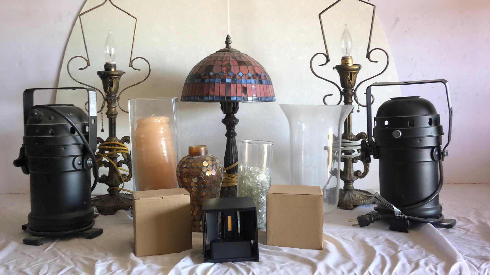 Photo 1 of ASSORTED HOME LIGHTING AND DECOR BUNDLE 3 LAMPS, 2 AMERICAN DJ LIGHTS, WALL BRACKET SCONCES, ETC