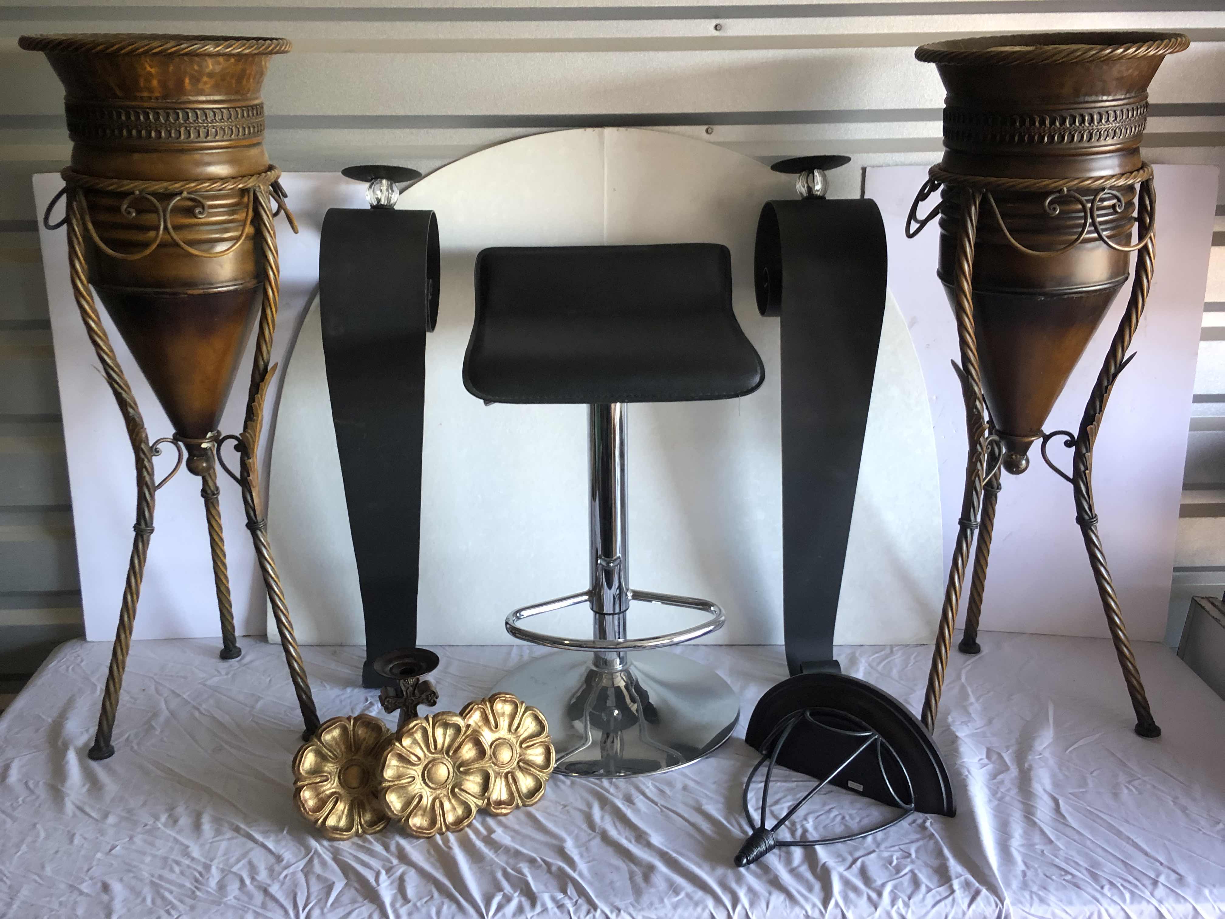 Photo 1 of 2-BLACK METAL HANGING WALL CANDLE SCONCES, GOLD HOME DECOR, 2-COPPER TALL VASES, & ADJUSTABLE HEIGHT BAR STOOL