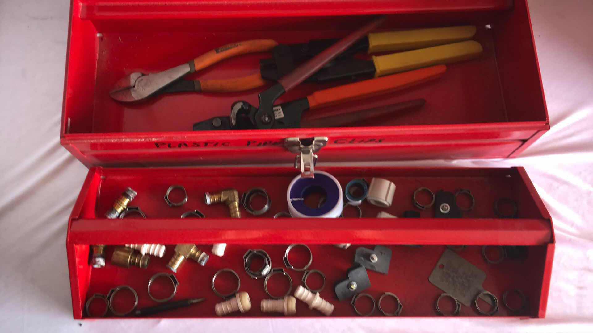 Photo 3 of VOYAGER 17” STEEL TOOLBOX W CRIMPING TOOLS AND STOREHOUSE STORAGE BIN FULL OF WALL ANCHORS