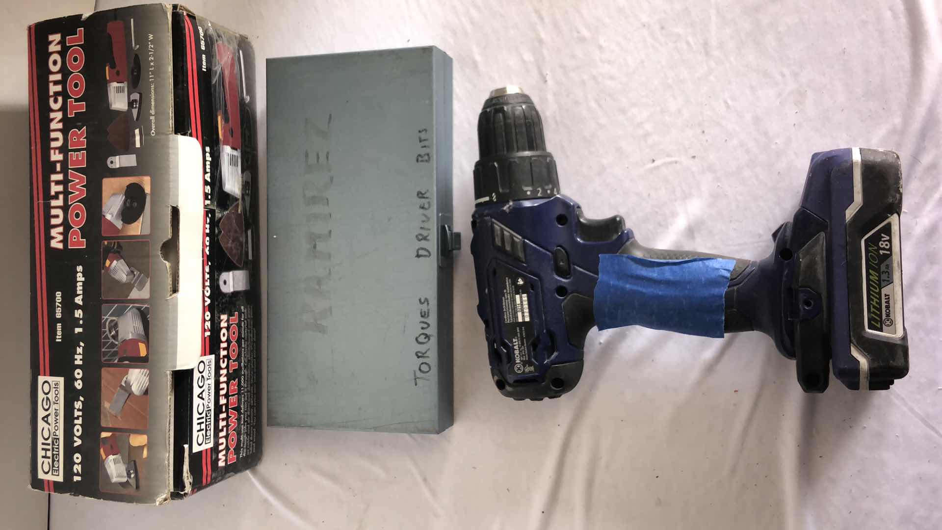 Photo 1 of CHICAGO ELECTRIC MULTI FUCTION POWER TOOL, KOBALT 18V POWER DRILL AND TORQUE DRIVER BIT SET (3)