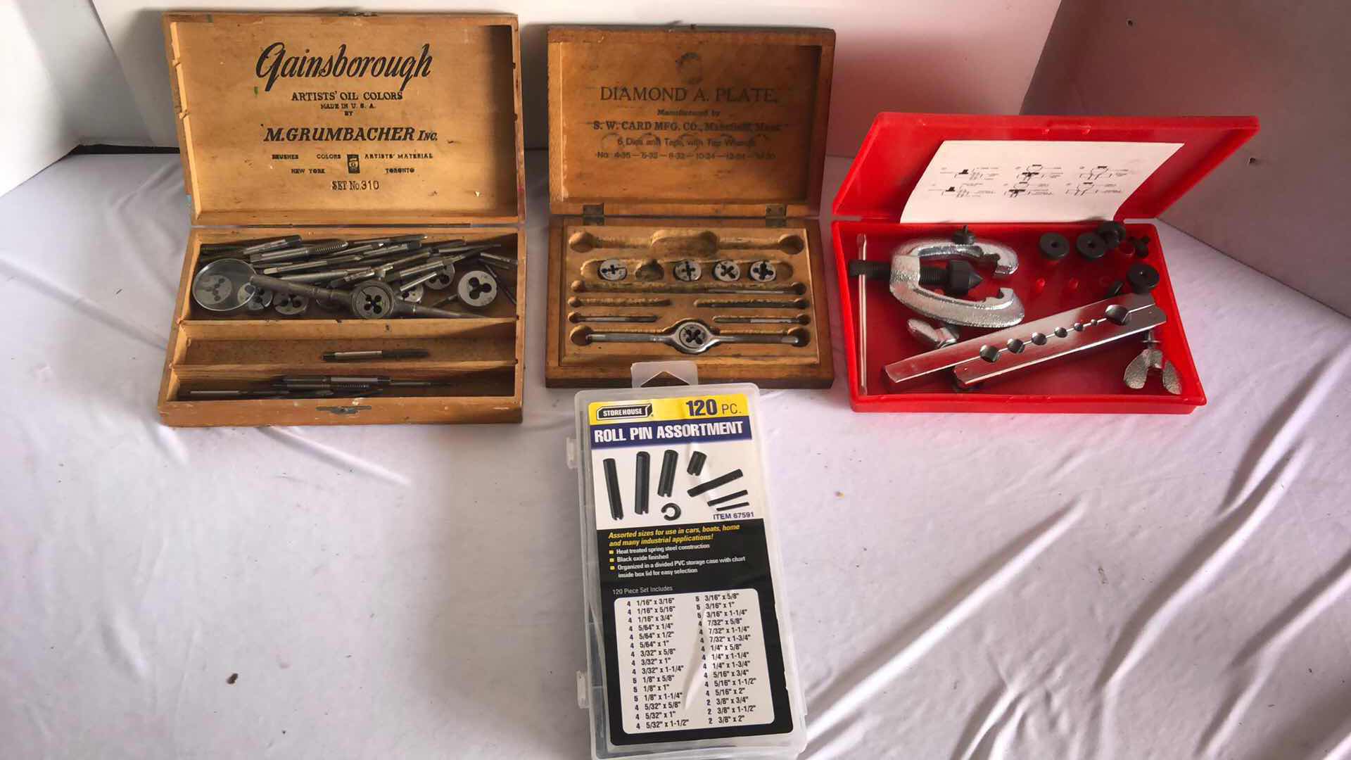 Photo 1 of 3 ASSORTED DIE AND TAP SETS WITH BOX OF STOREHOUSE ROLL PINS