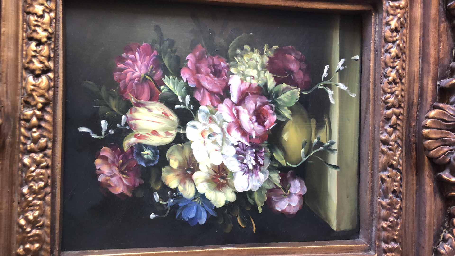 Photo 2 of PAINTING OF VASE OF FLOWERS IN ORNATE WOODEN FRAME 18” X 4” H19”