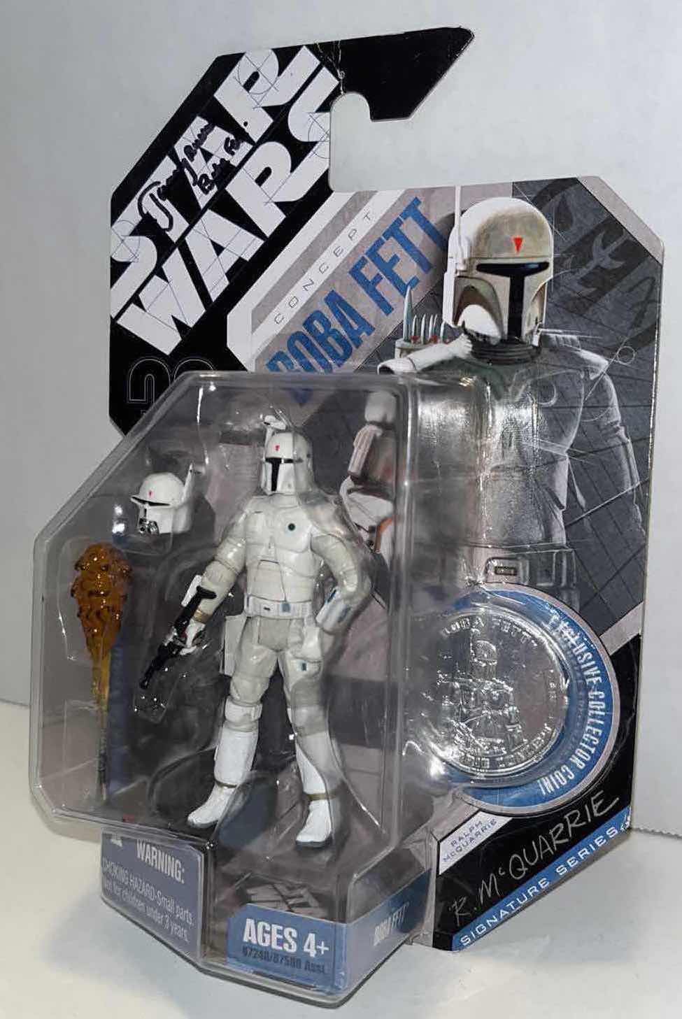 Photo 1 of NEW HASBRO SIGNED BY JEREMY BULLOCH, STAR WARS 30TH ANNIVERSARY MCQUARRIE CONCEPT “BOBA FETT” ACTION FIGURE, ACCESSORIES W COIN, RALPH MCQUARRIE SIGNATURE SERIES #15
(INSIDE PLASTIC PROTECTIVE CASE)