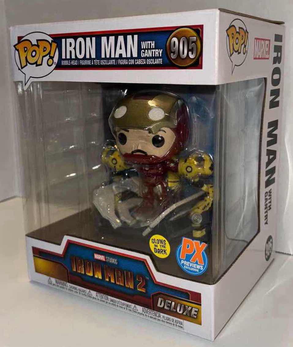 Photo 4 of NEW FUNKO POP! MARVEL STUDIOS IRON MAN 2 GLOW IN THE DARK DELUXE BOBBLEHEAD, #905 “IRON MAN W GANTRY”