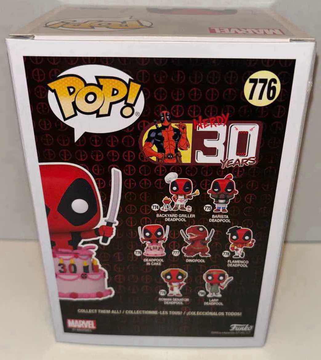 Photo 4 of NEW FUNKO POP! DEADPOOL VINYL BOBBLEHEAD, #776 30TH ANNIVERSARY DEADPOOL IN CAKE