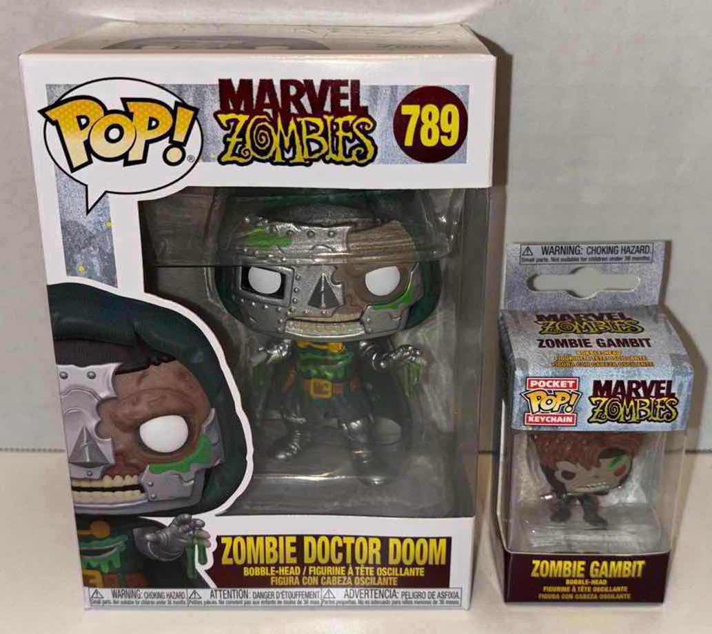 Photo 1 of NEW FUNKO POP! MARVEL ZOMBIES VINYL BOBBLEHEAD FIGURE & POCKET POP! KEYCHAIN, #789 ZOMBIE DOCTOR DOOM & ZOMBIE GAMBIT KEYCHAIN