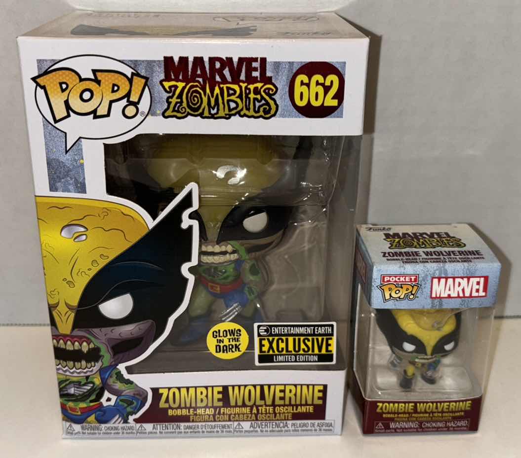 Photo 1 of NEW FUNKO POP! MARVEL ZOMBIES GLOW IN THE DARK BOBBLEHEAD FIGURE & POCKET POP! BOBBLEHEAD KEYCHAIN, #662 ZOMBIE WOLVERINE & ZOMBIE WOLVERINE KEYCHAIN