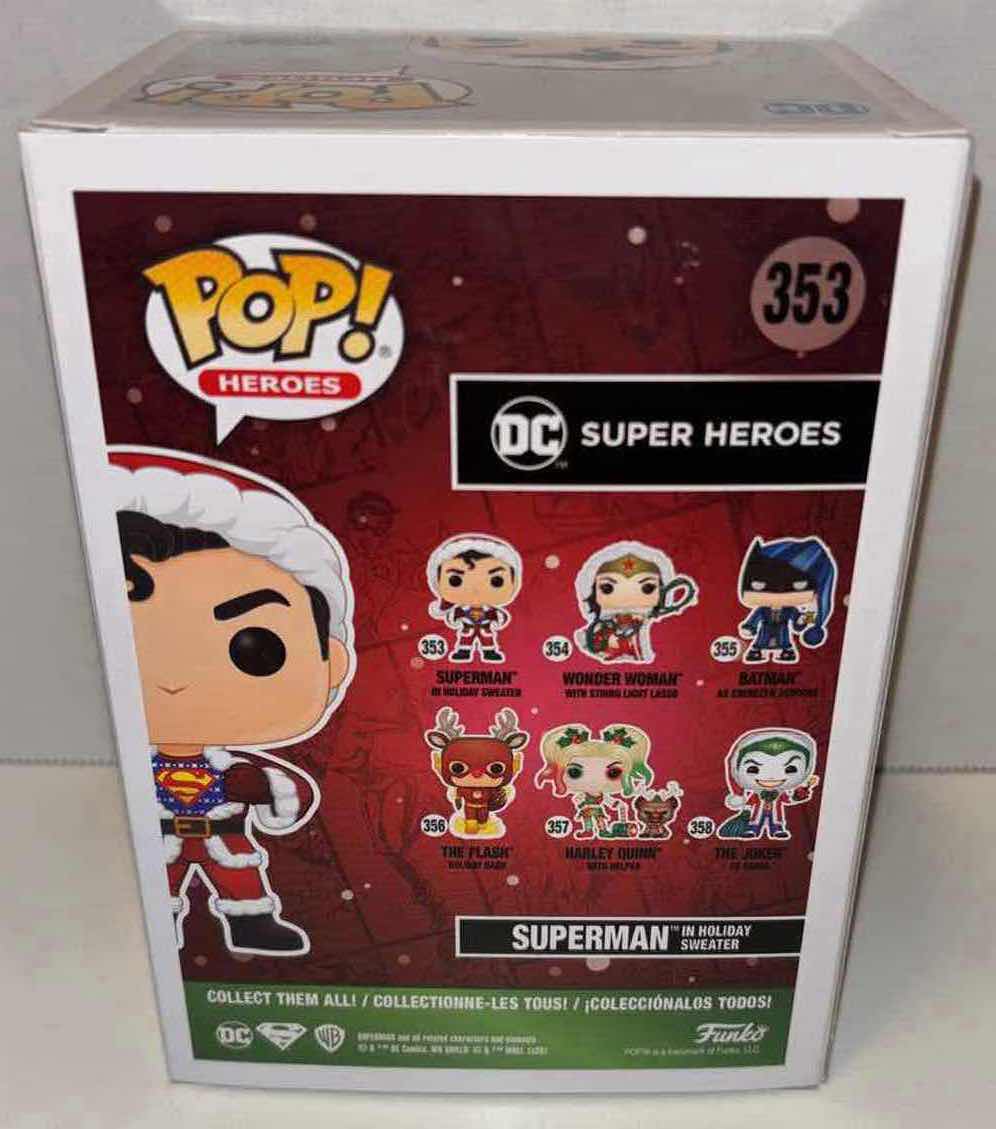 Photo 4 of NEW FUNKO POP! HEROES VINYL FIGURE,  DC SUPER HEROES #353 SUPERMAN IN HOLIDAY SWEATER