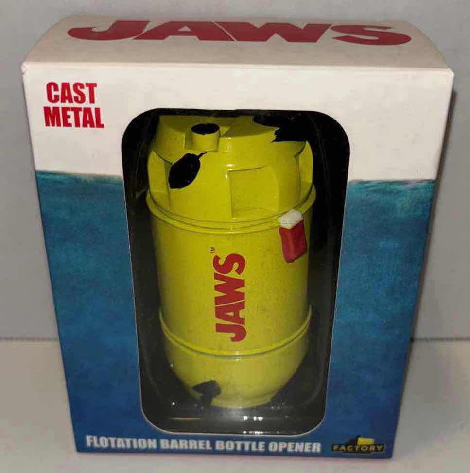 Photo 1 of NEW FACTORY ENTERTAINMENT JAWS CAST METAL FLOTATION BARREL BOTTLE OPENER