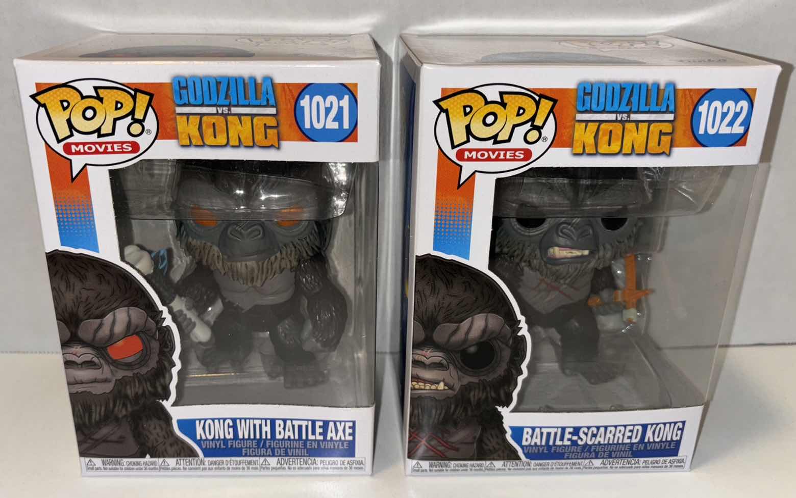 Photo 1 of NEW FUNKO POP! MOVIES VINYL FIGURE, 2-PACK GODZILLA VS KONG #1021 KONG W BATTLE AXE & #1022 BATTLE-SCARRED KONG