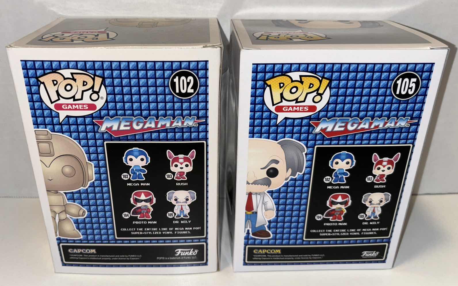 Photo 4 of NEW FUNKO POP! GAMES VINYL FIGURE, MEGAMAN 2-PACK GAMESTOP EXCLUSIVE #102 GOLD MEGA MAN ($75) & #105 DR. WILY ($12)