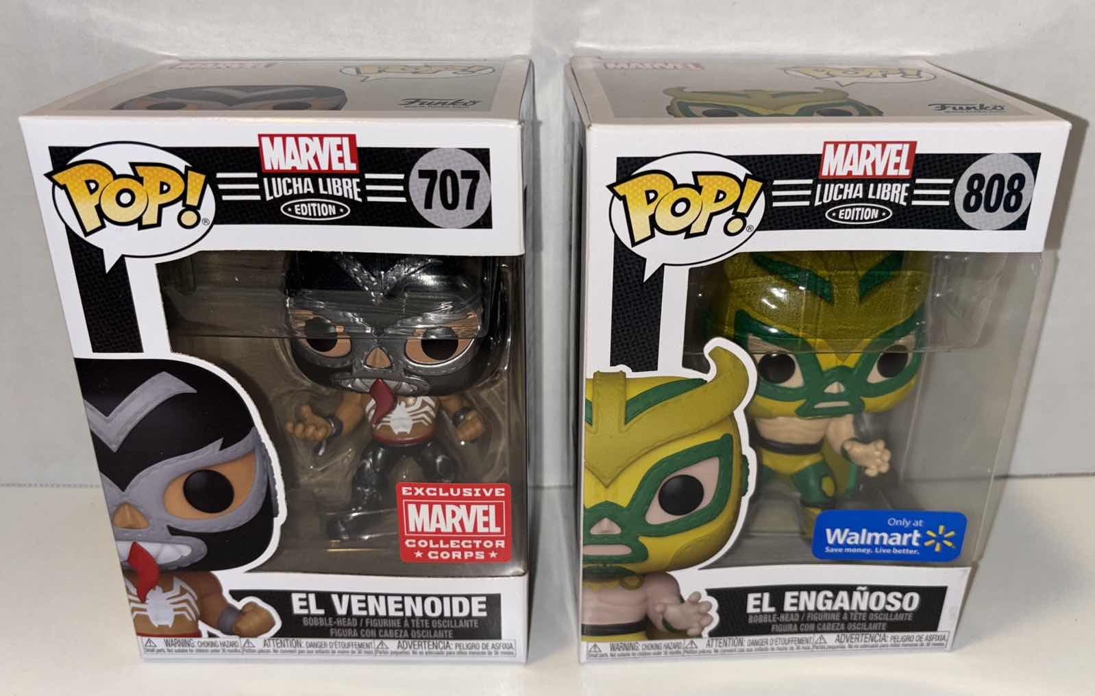 Photo 1 of NEW FUNKO POP! BOBBLEHEAD-HEAD VINYL FIGURE, 2-PACK MARVEL LUCHA LIBRE EDITION #707 EL VENENOIDE & #808 EL ENGANOSO