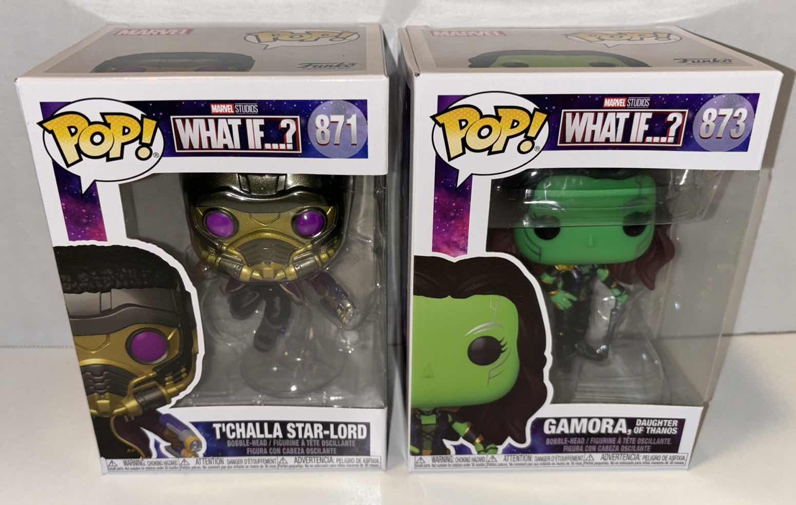 Photo 1 of NEW FUNKO POP! BOBBLE-HEAD VINYL FIGURE, 2-PACK MARVEL STUDIOS WHAT IF…? #871 T’CHALLA STAR-LORD & #873 GAMORA DAUGHTER OF THANOS