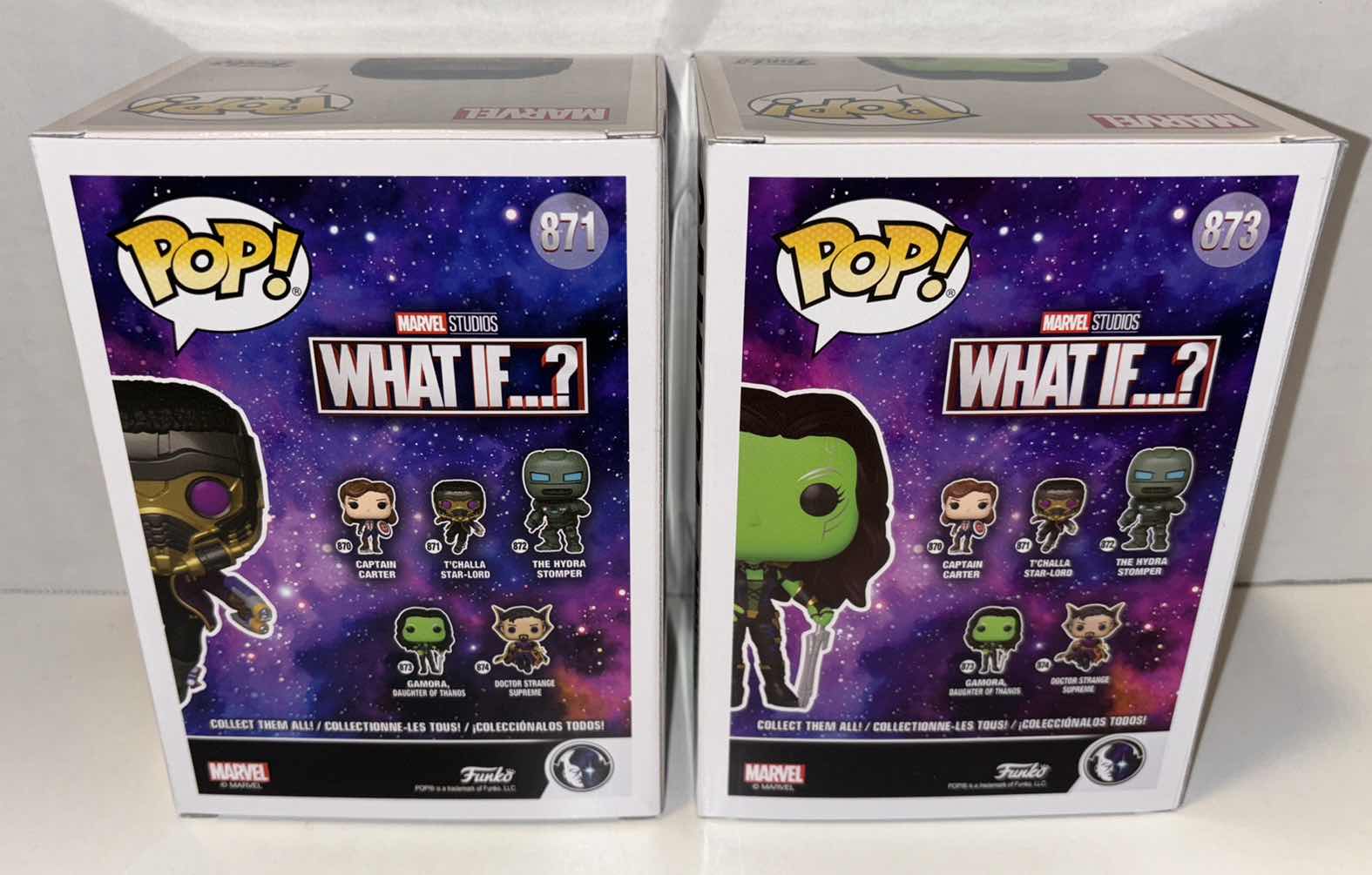 Photo 4 of NEW FUNKO POP! BOBBLE-HEAD VINYL FIGURE, 2-PACK MARVEL STUDIOS WHAT IF…? #871 T’CHALLA STAR-LORD & #873 GAMORA DAUGHTER OF THANOS