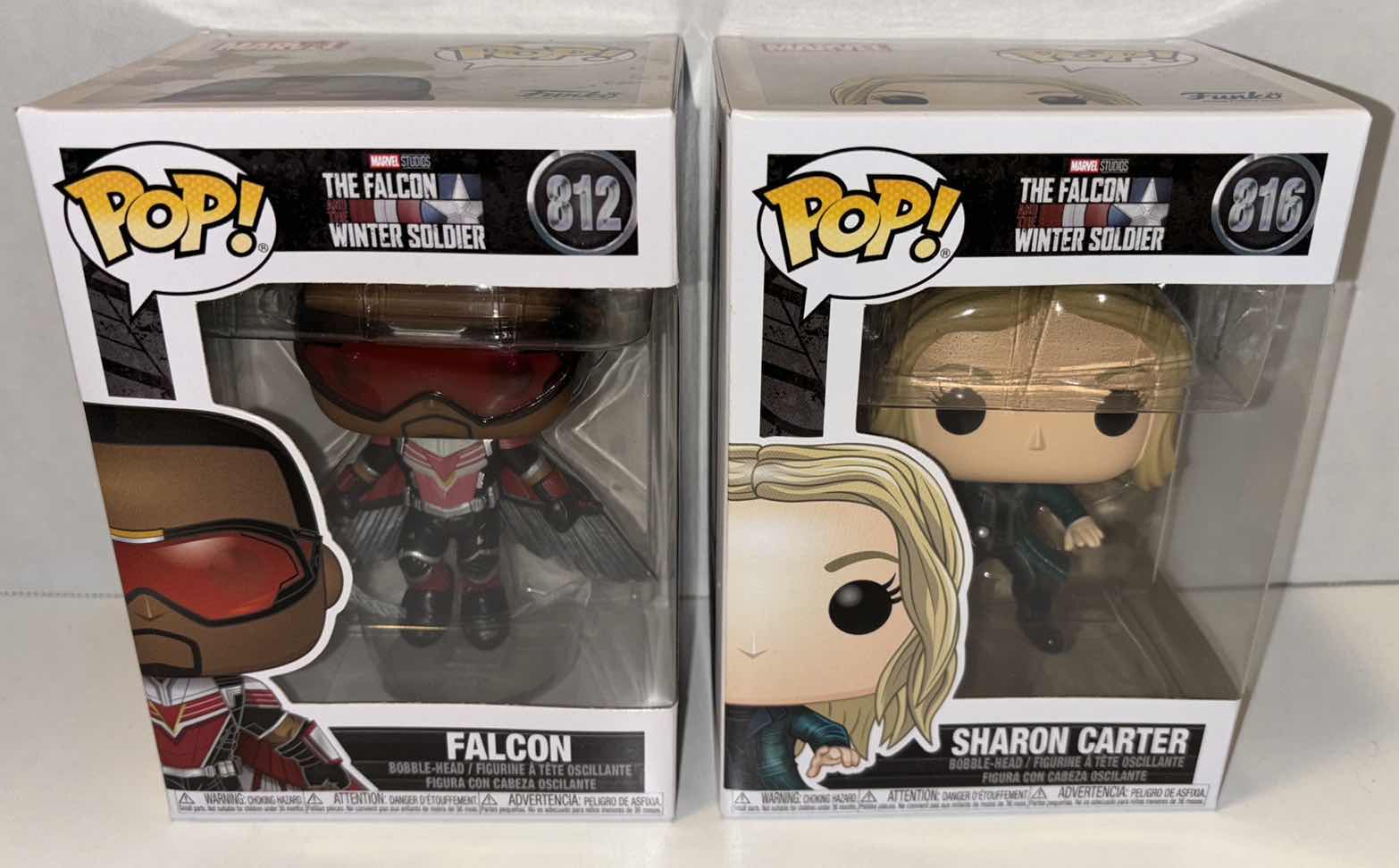 Photo 1 of NEW FUNKO POP! BOBBLE-HEAD VINYL FIGURE, 2-PACK MARVEL STUDIOS THE FALCON AND THE WINTER SOLDIER #812 FALCON & #816 SHARON CARTER