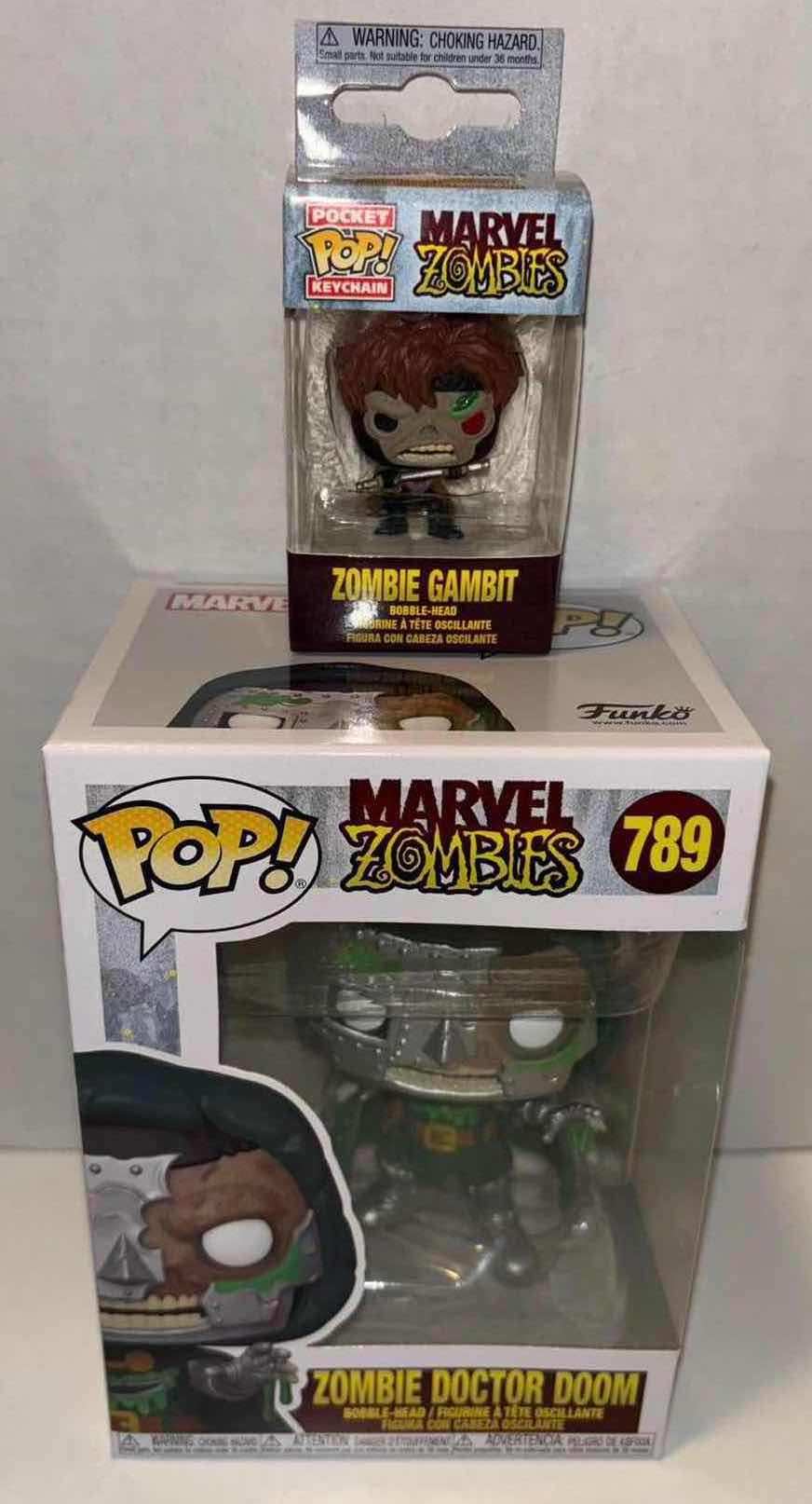 Photo 1 of NEW FUNKO POP! BOBBLE-HEAD VINYL FIGURE, 2-PACK MARVEL ZOMBIES #789 ZOMBIE DR. DOOM & POCKET POP! KEYCHAIN “ZOMBIE GAMBIT”