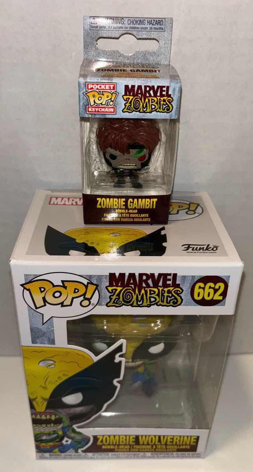 Photo 1 of NEW FUNKO POP! BOBBLE-HEAD VINYL FIGURE, 2-PACK MARVEL ZOMBIES #662 ZOMBIE WOLVERINE & POCKET POP! KEYCHAIN “ZOMBIE GAMBIT”