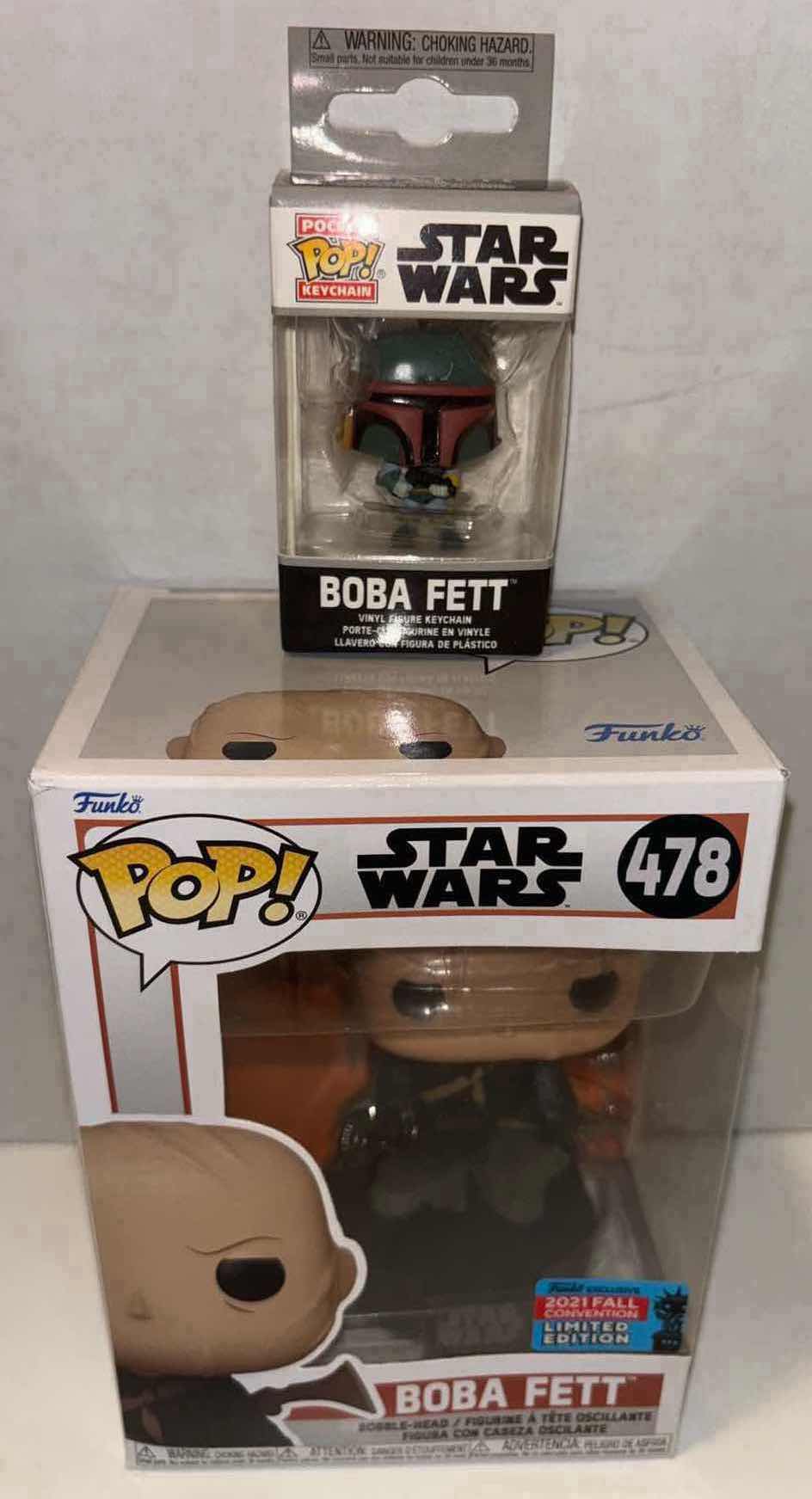 Photo 1 of NEW FUNKO POP! STAR WARS BOBBLEHEAD-HEAD VINYL FIGURE, 2-PACK #478 “BOBA FETT” FUNKO EXCLUSIVE 2021 FALL CONVENTION LIMITED EDITION & FUNKO POCKET POP! KEYCHAIN “BOBA FETT”