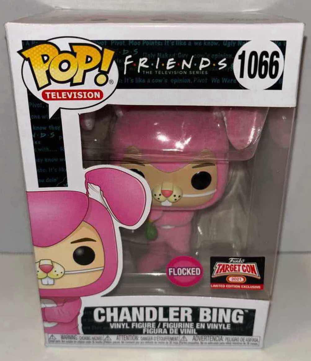 Photo 2 of NEW FUNKO POP! TELEVISION FRIENDS 2021 TARGET CON LIMITED EDITION EXCLUSIVE FLOCKED VINYL FIGURE, #1066 CHANDLER BING