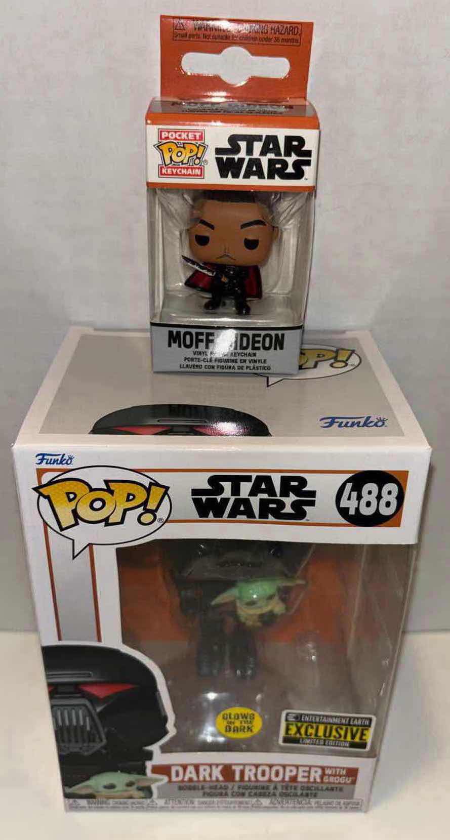 Photo 1 of NEW FUNKO POP! STAR WARS 2-PACK, #488 “DARK TROOPER W GROGU” ENTERTAINMENT EARTH EXCLUSIVE LIMITED EDITION GLOW IN THE DARK BOBBLE-HEAD FIGURE & “MOFF GIDEON” POCKET POP! KEYCHAIN