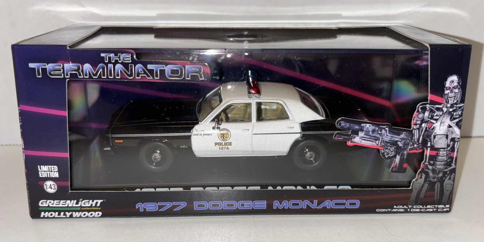 Photo 1 of NEW GREENLIGHT COLLECTIBLES HOLLYWOOD RIDES LIMITED EDITION 1:43 SCALE “THE TERMINATOR 1977 DODGE MONACO” DIE-CAST VEHICLE