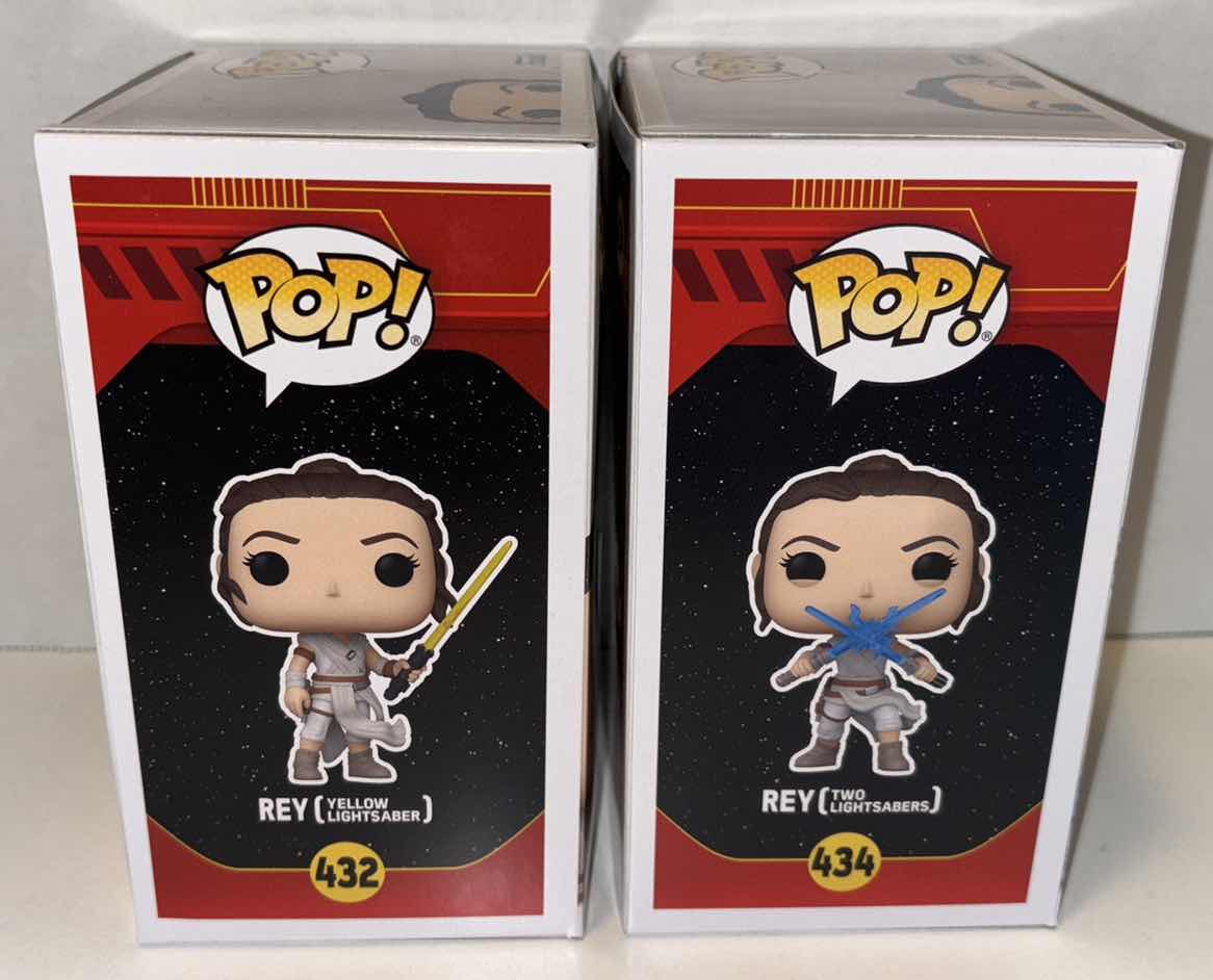 Photo 4 of NEW FUNKO POP! 2-PACK STAR WARS BOBBLE-HEAD VINYL FIGURES, #432 “REY (YELLOW LIGHTSABER) & #434 REY (TWO LIGHTSABERS)”