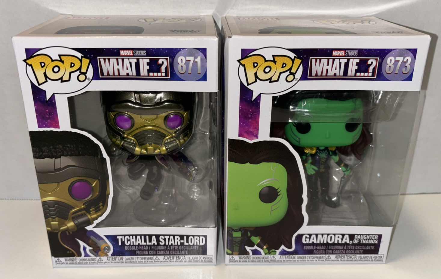 Photo 1 of NEW FUNKO POP! 2-PACK MARVEL STUDIOS WHAT IF…? VINYL BOBBLE-HEAD FIGURES, #871 T’CHALLA STAR-LORD & #873 GAMORA DAUGHTER OF THANOS