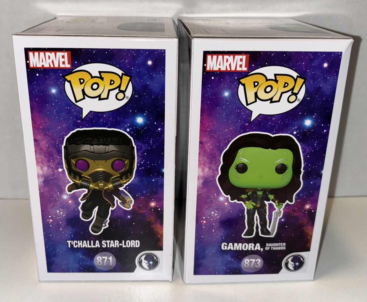 Photo 4 of NEW FUNKO POP! 2-PACK MARVEL STUDIOS WHAT IF…? VINYL BOBBLE-HEAD FIGURES, #871 T’CHALLA STAR-LORD & #873 GAMORA DAUGHTER OF THANOS