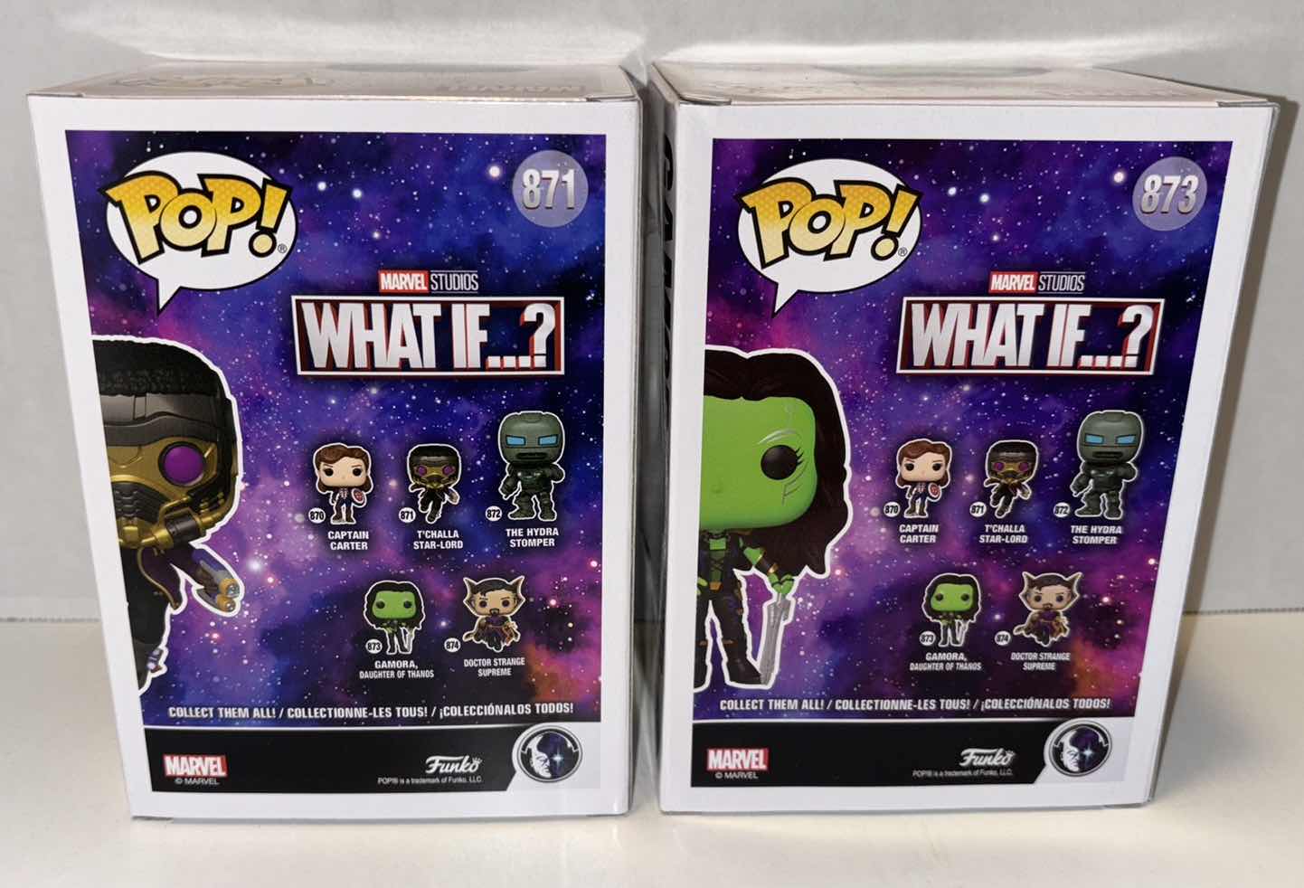 Photo 5 of NEW FUNKO POP! 2-PACK MARVEL STUDIOS WHAT IF…? VINYL BOBBLE-HEAD FIGURES, #871 T’CHALLA STAR-LORD & #873 GAMORA DAUGHTER OF THANOS