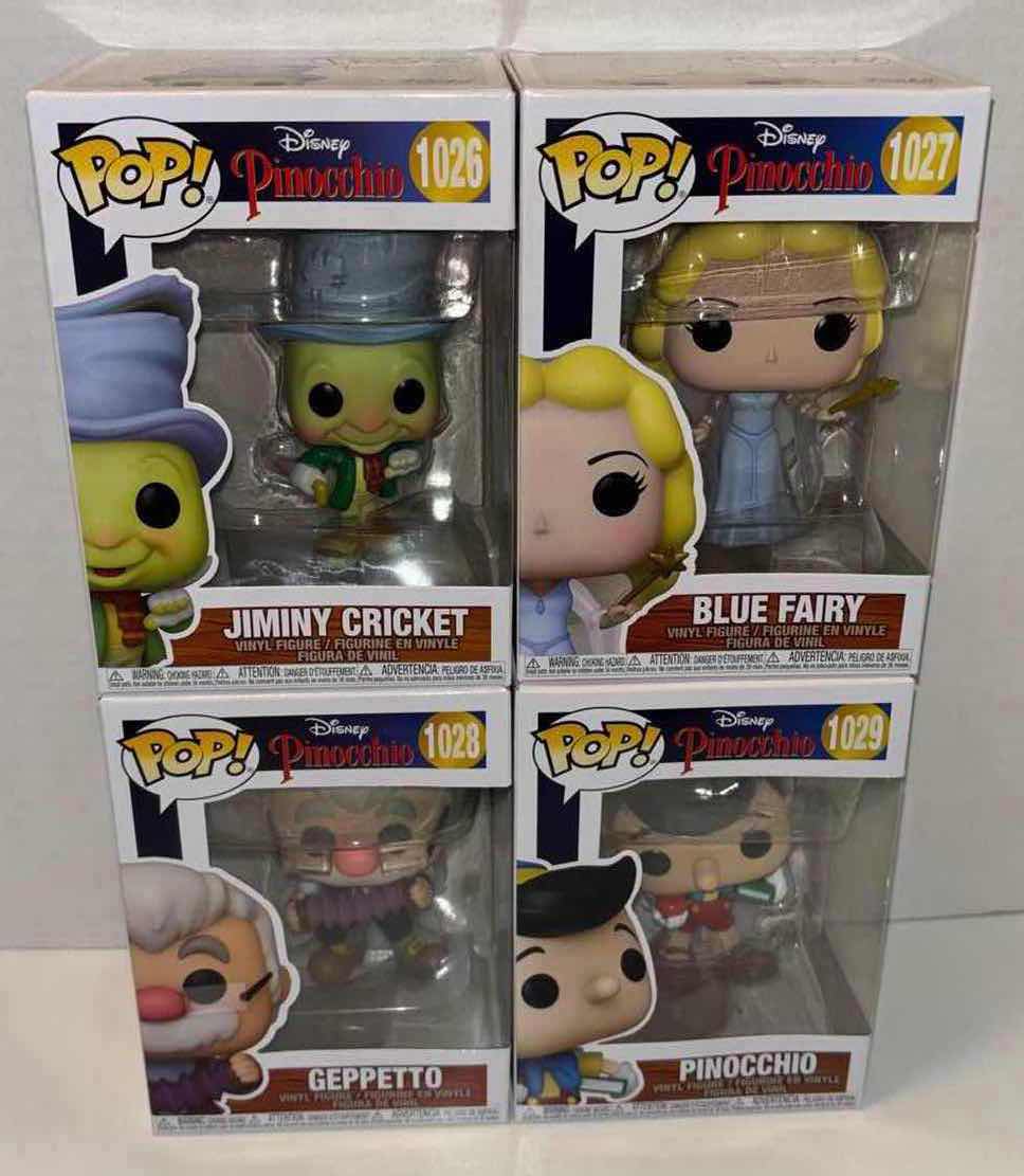 Photo 1 of NEW FUNKO POP! DISNEY PINOCCHIO 4-PACK VINYL FIGURES, #1026 JIMINY CRICKET #1027 BLUE FAIRY #1028 GEPPETTO #1029 PINOCCHIO