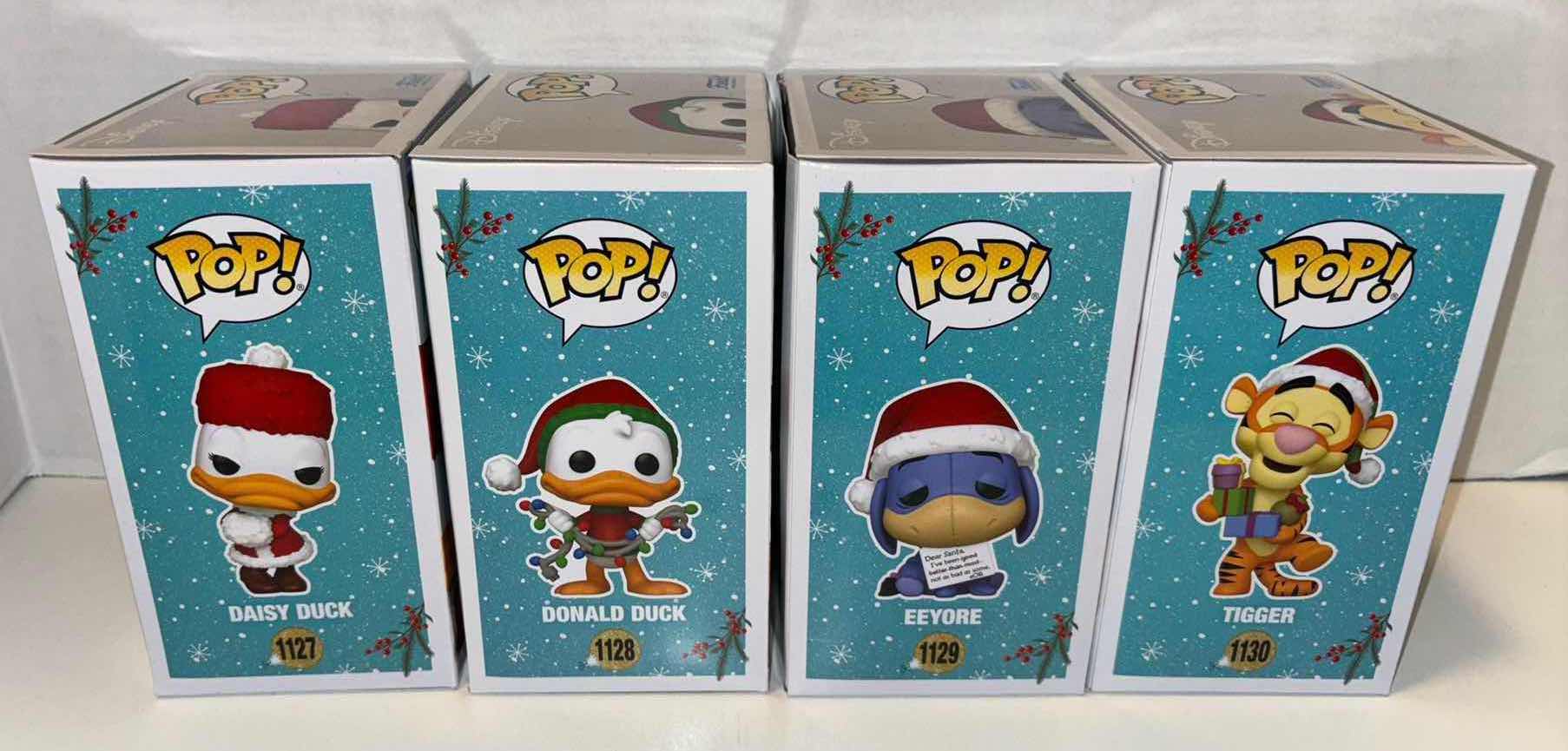 Photo 3 of NEW FUNKO POP! 4-PACK DISNEY 2021 HOLIDAY COMPLETE SET OF VINYL FIGURES, #1127 DAISY DUCK #1128 DONALD DUCK #1129 EEYORE #1130 TIGGER