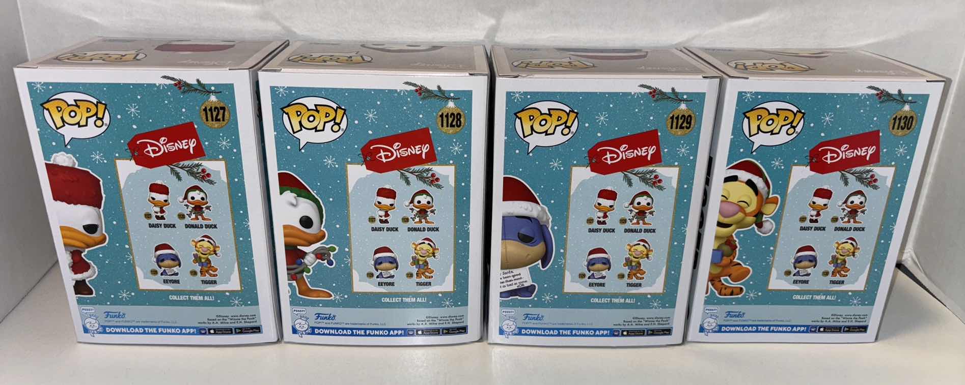 Photo 4 of NEW FUNKO POP! 4-PACK DISNEY 2021 HOLIDAY COMPLETE SET OF VINYL FIGURES, #1127 DAISY DUCK #1128 DONALD DUCK #1129 EEYORE #1130 TIGGER