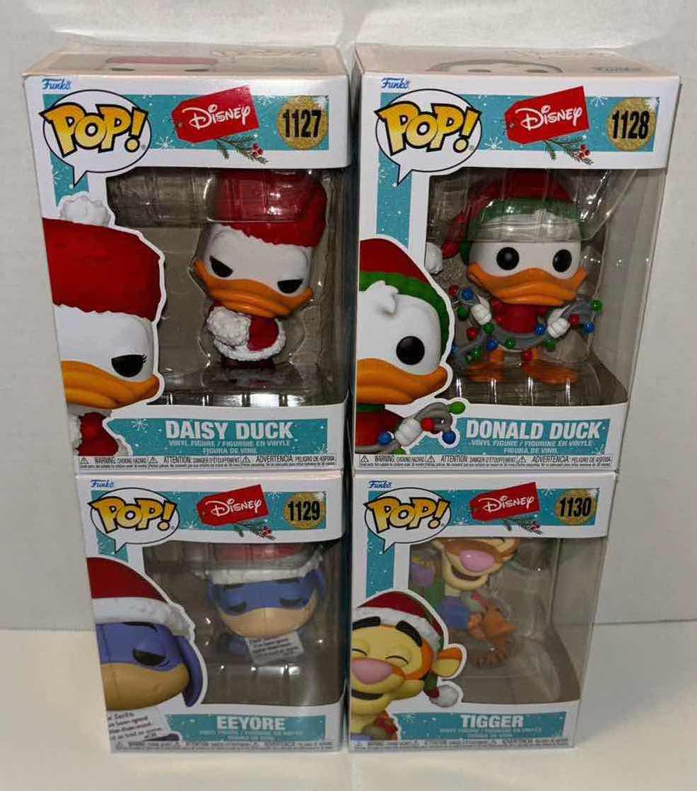 Photo 2 of NEW FUNKO POP! 4-PACK DISNEY 2021 HOLIDAY COMPLETE SET OF VINYL FIGURES, #1127 DAISY DUCK #1128 DONALD DUCK #1129 EEYORE #1130 TIGGER