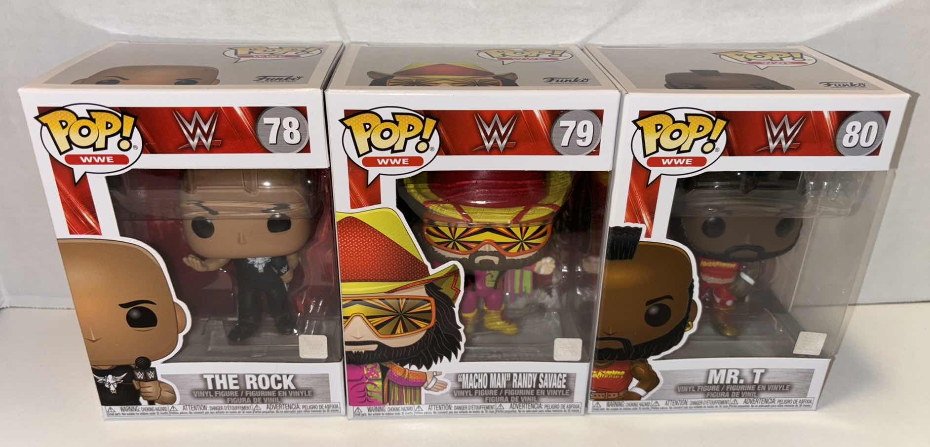 Photo 1 of NEW FUNKO POP! 3-PACK WWE VINYL FIGURES, #78 THE ROCK #79 MACHO MAN RANDY SAVAGE #80 MR. T