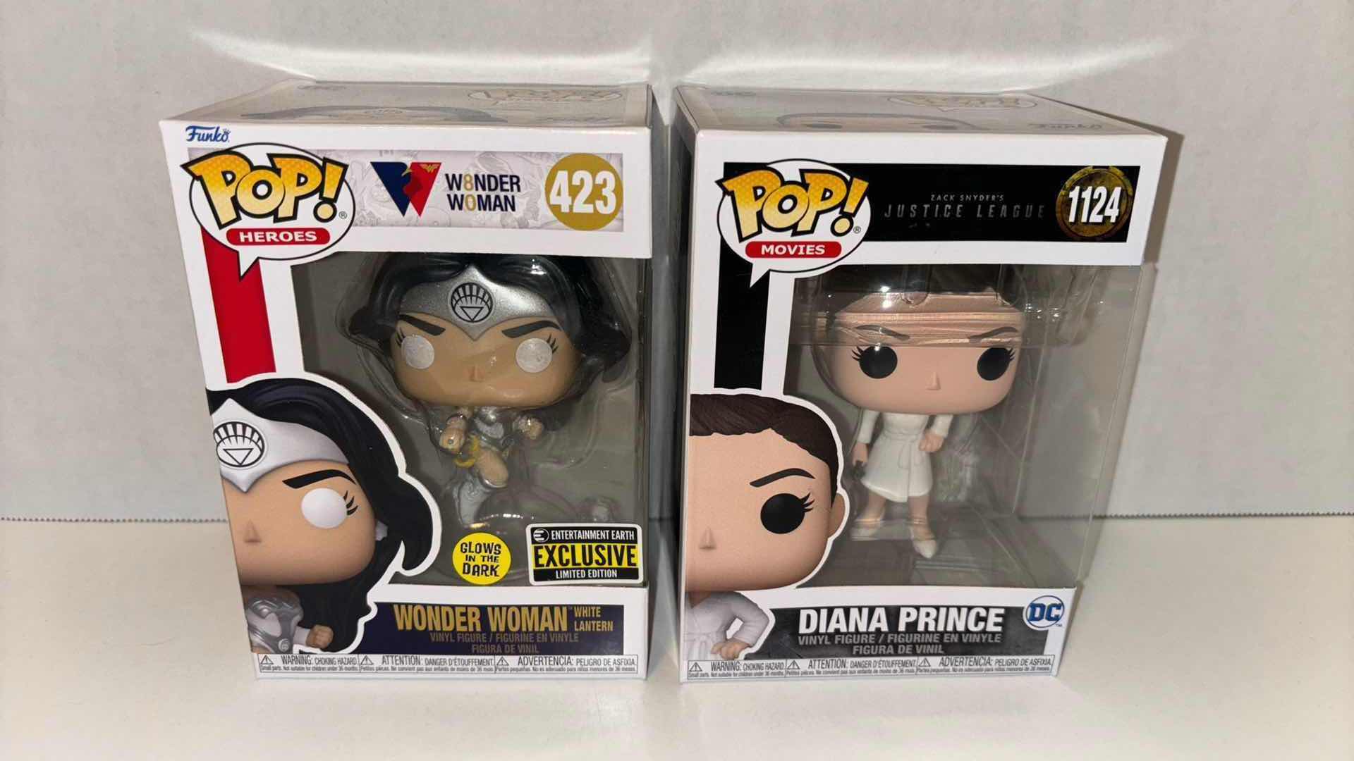 Photo 1 of NEW FUNKO POP! HEROES VINYL FIGURES, #423 80TH ANNIVERSARY WONDER WOMAN WHITE LANTERN (GLOW IN THE DARK) & #1124 ZACK SNYDER’S JUSTICE LEAGUE DIANA PRINCE