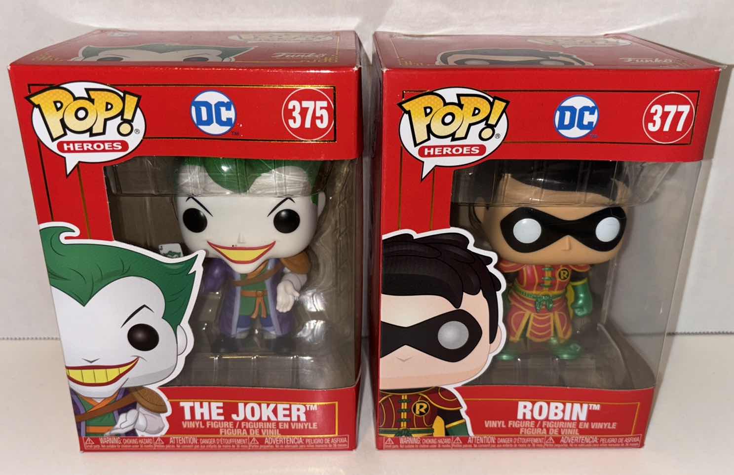 Photo 1 of NEW FUNKO POP! HEROES DC IMPERIAL PALACE VINYL FIGURES, #375 THE JOKER & #377 ROBIN