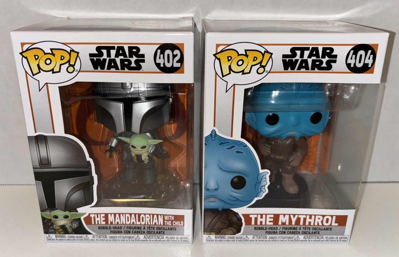 Photo 1 of NEW FUNKO POP! STAR WARS BOBBLE-HEAD VINYL FIGURES, #402 THE MANDALORIAN WITH THE CHILD & #404 THE MYTHROL