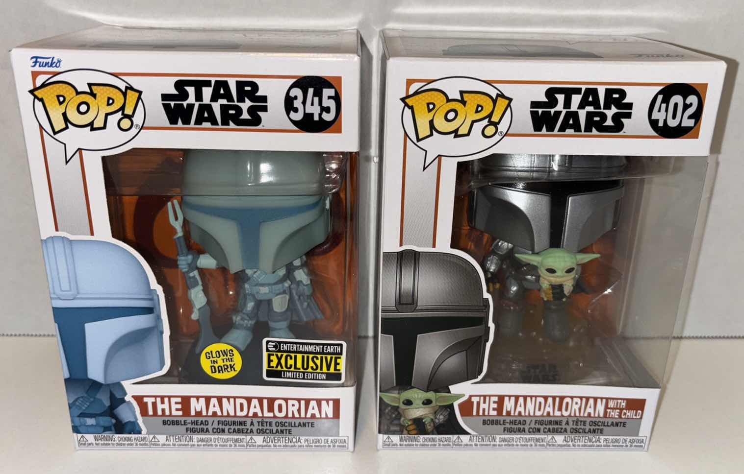 Photo 1 of NEW FUNKO POP! STAR WARS BOBBLE-HEAD VINYL FIGURES, #345 THE MANDALORIAN (GLOW IN THE DARK) & #402 THE MANDALORIAN WITH THE CHILD